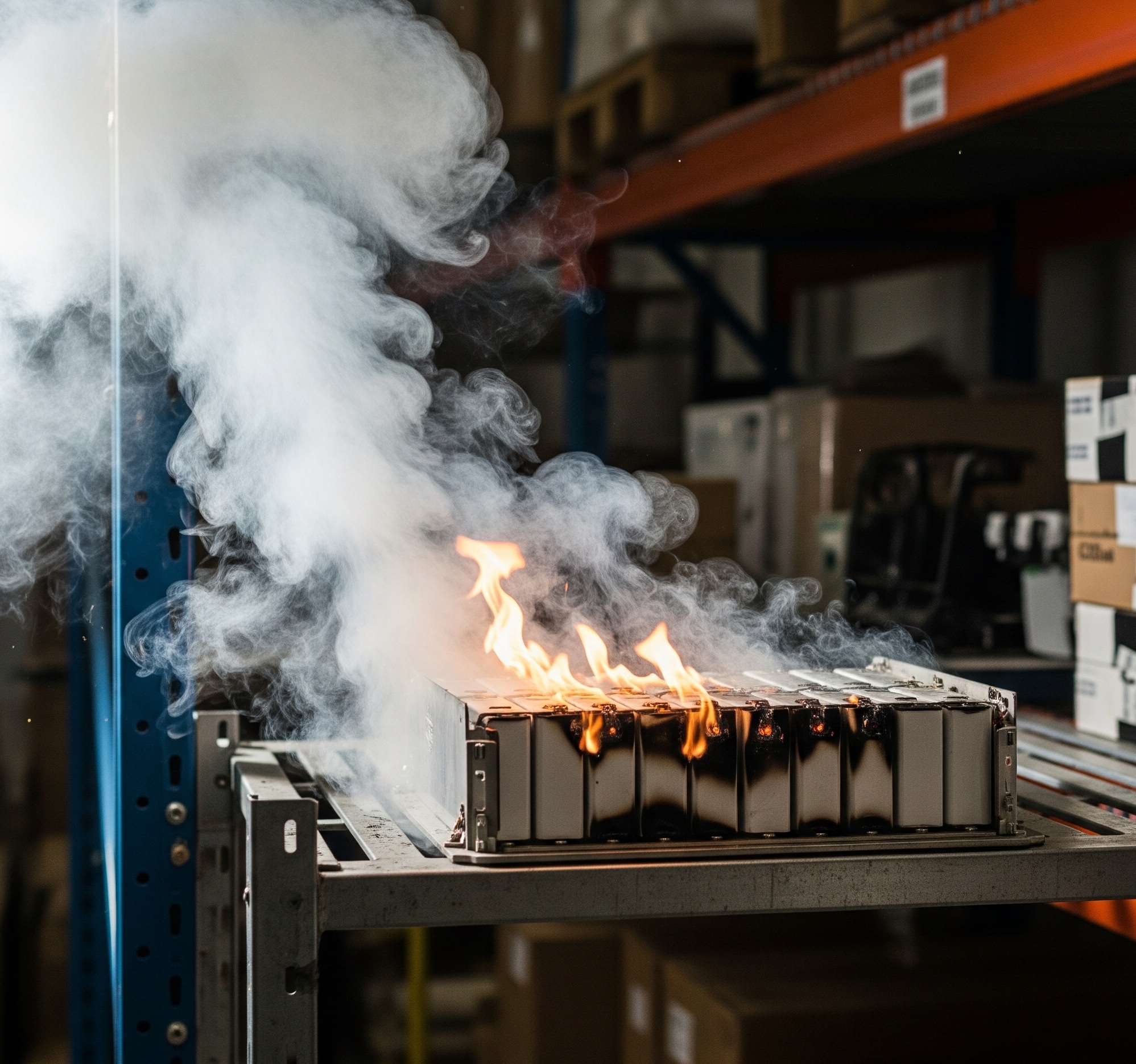 Brandende lithium-ion batterij die de gevaren van thermal runaway toont