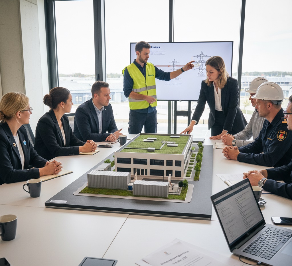 Een overleg tussen een projectontwikkelaar, brandweer en een gemeentelijk ambtenaar rond een bouwplan.